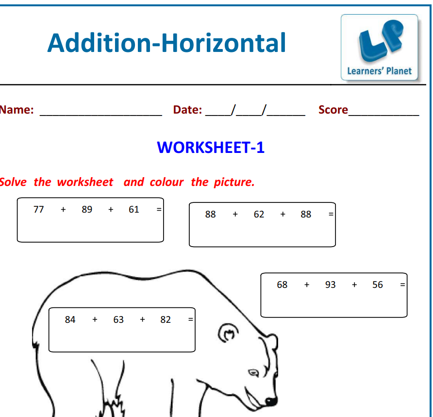 Horizontal addition math activity worksheets for 2nd class